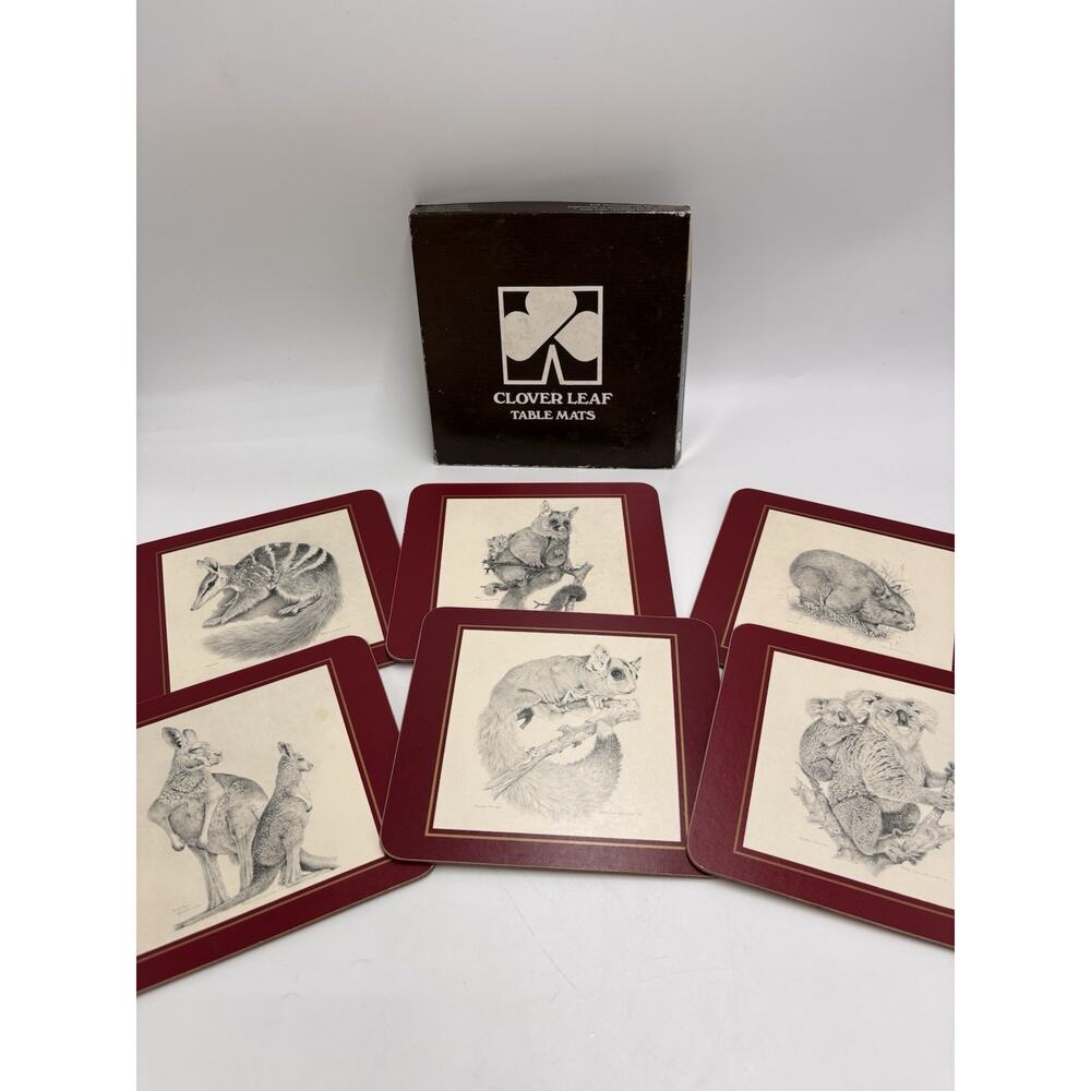 Vintage Clover Leaf Set 6x Place Table Mats Cork Australian Animals Fauna Wombat